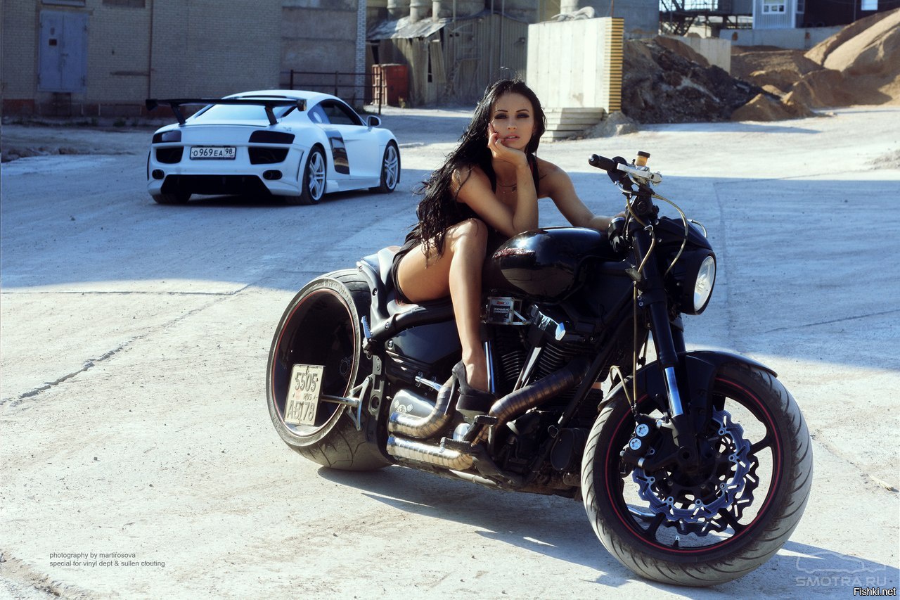 Sexy model Brunettes on a motorcycle in Long Beach
